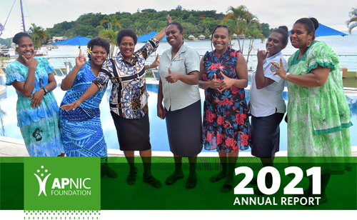 The cover of the 2021 Annual Report. It shows a group of women in Vanuatu, where a Women in ICT event was held as part of the PacTraining project.
