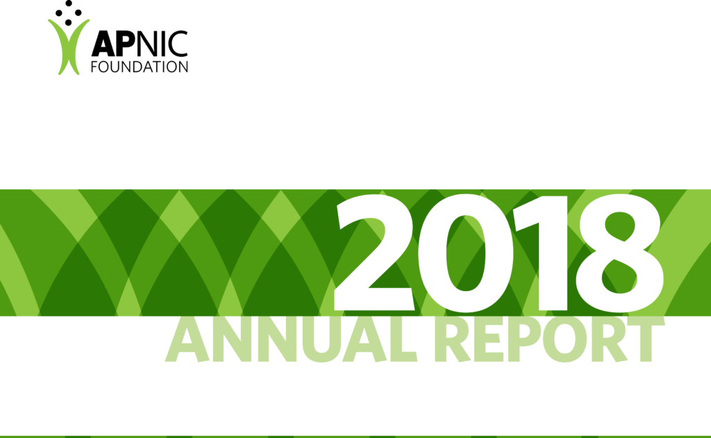 The cover of the 2018 Annual Report. The cover shows has the APNIC Foundation logo and 2018 in large font.