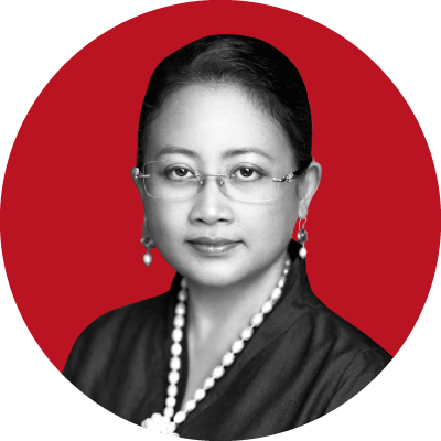 An image of Foundation board member Ms Sylvia Efie Sumarlin. Image in black and white with a red background.