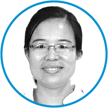 An image of committee member Jessica Wei in black and white, inside a blue circle.