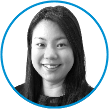An image of committee member Joyce Chen in black and white, inside a blue circle.
