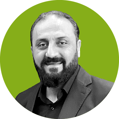 An image of Foundation Afghanistan Project Lead Omar Ansari, in black and white, on an olive green background.