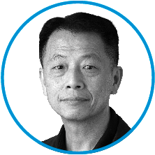 An image of committee member Dr Kenny Huang in black and white, inside a blue circle.