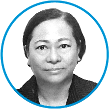 An image of committee member Liza Garcia in black and white, inside a blue circle.