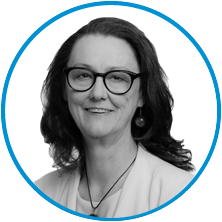 An image of committee member Narelle Clark in black and white, inside a blue circle.