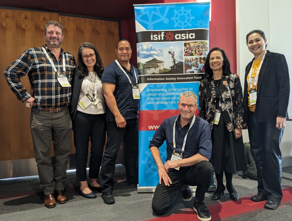 Pictured left to right are Matthew James (Distant Curve), Sylvia Cadena (APNIC Foundation), Lubuw Falanruw (iBoom!) Michael Ginguld (Airjaldi), Dr. Marie Lisa Dacanay (ISEA) and Reina Wulansari (Common Room).