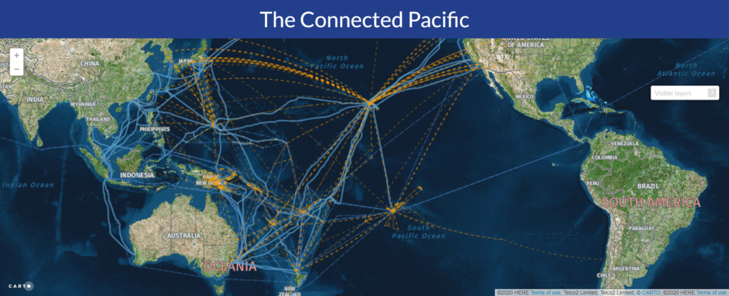 A map of the Pacific with lines to denote peering connections.
