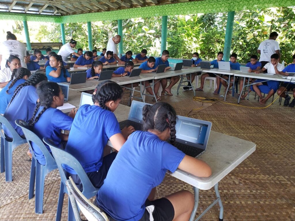 Students of Gagaemalae Primary School going through their courses on CA e-learning platform. Guided by E3 Facilitators and teachers, June 2023.
