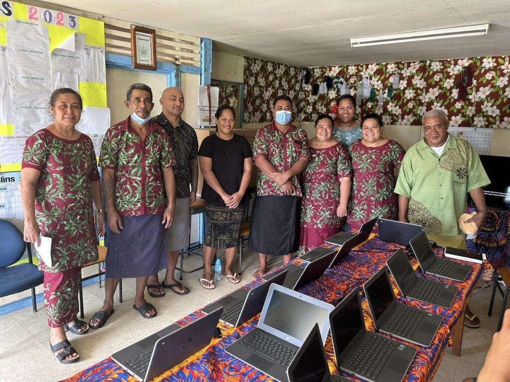 Opening of Sasina Primary School Laptop Center, May 2023. Chief Orator, President and Teachers grateful for the donation of the 12 new laptops from the PacifiCode Initiative