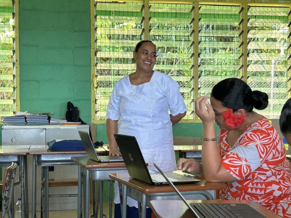 A teacher at Samata Uta Primary School during "Faasoa" or "Share" time after day 2 session on what she learned and challenges during the week long ICT Teacher PD June 2023.