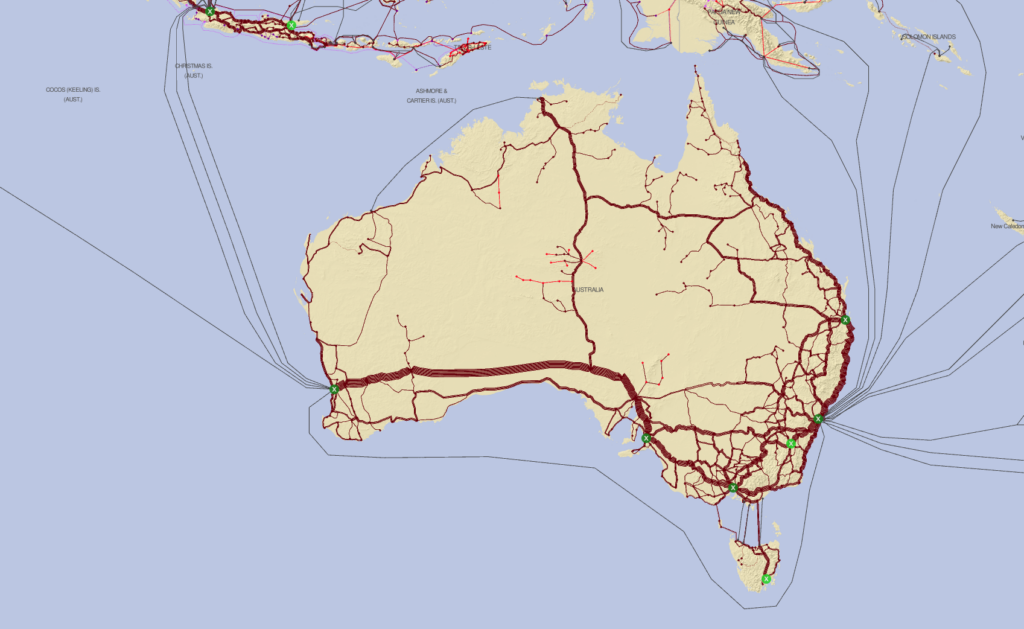 A map of Australia and submarine cables, including non-existent cables.
