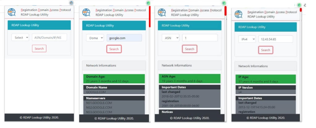 Screenshot of RDAP Lookup Utility at Chrome Browser, Display the Domain, ASN and IPv4 result