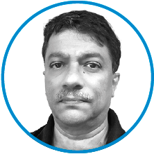 An image of committee member Harish Pillay in black and white, inside a blue circle.