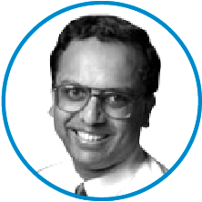 An image of committee member Vijay Varadharajan in black and white, inside a blue circle.